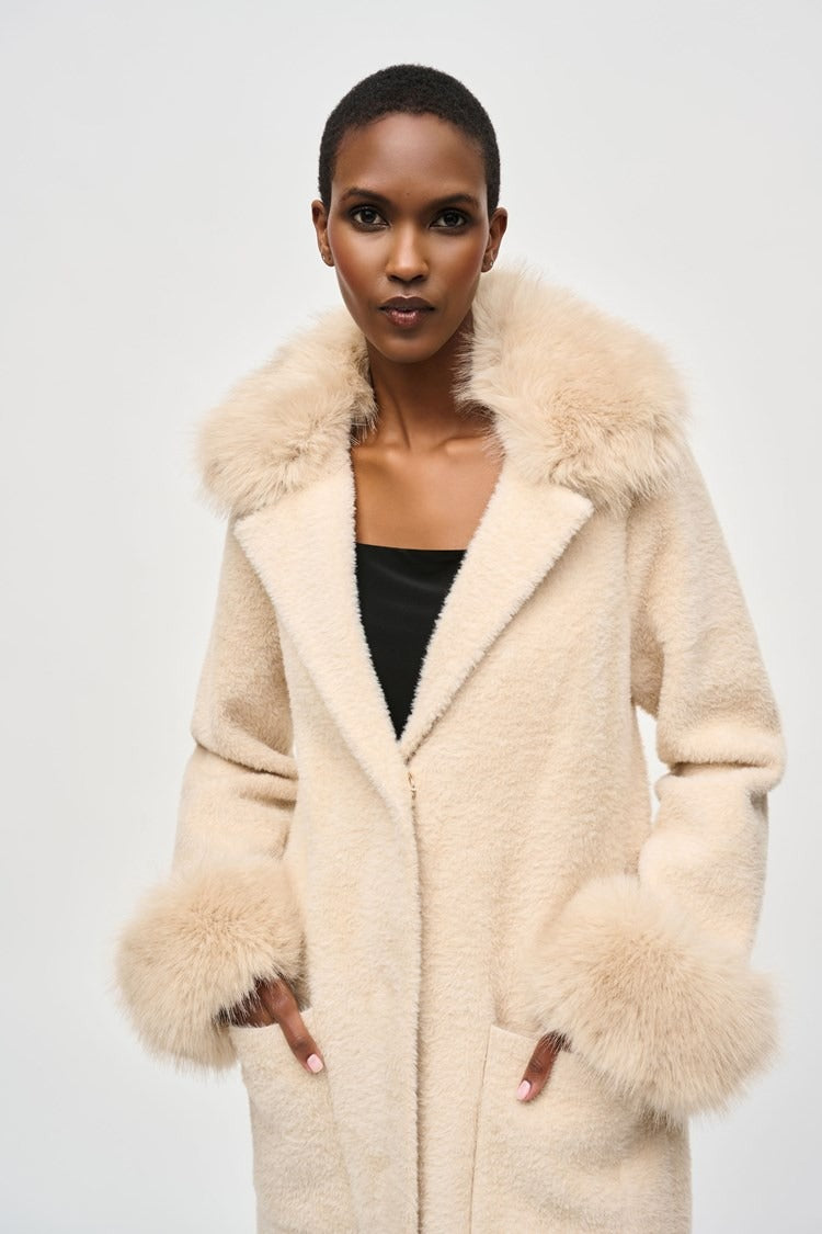 Feather Yarn and Faux Fur Sweater Coat-Champagne