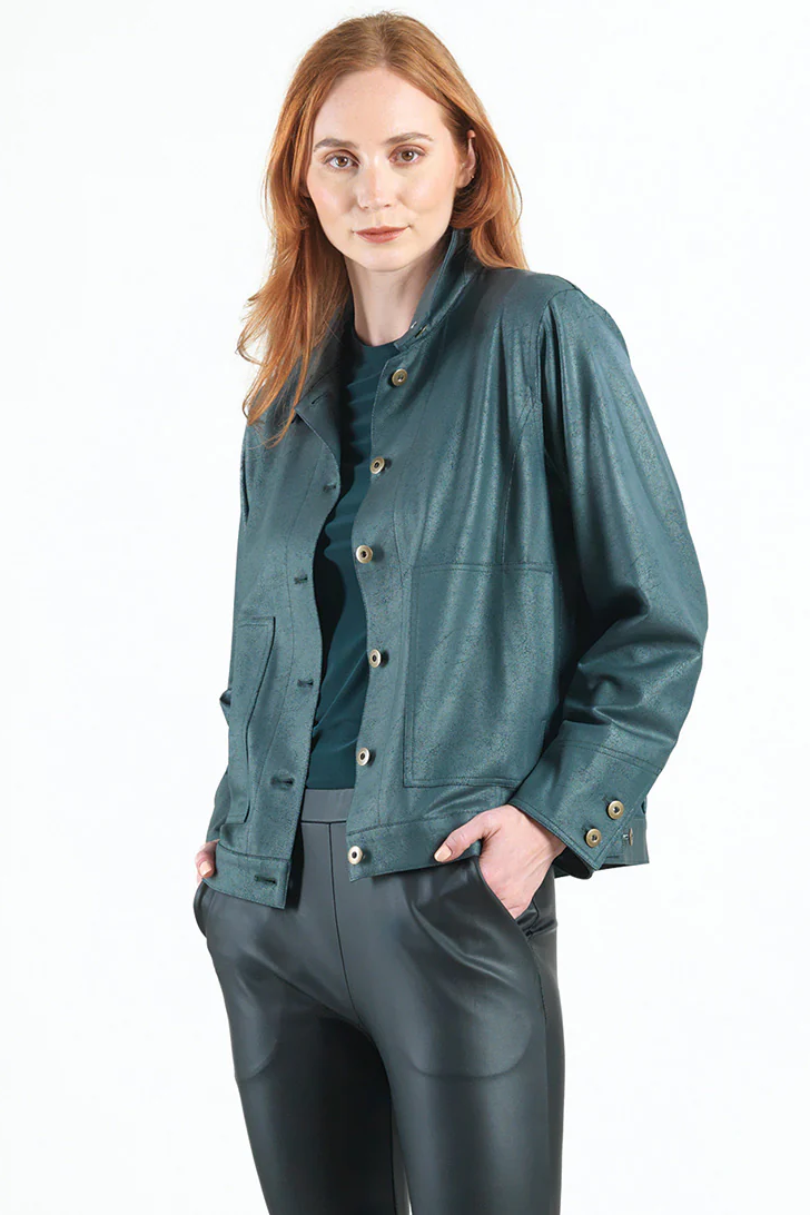 Liquid Leather Button Front Jacket W/ Large Pockets