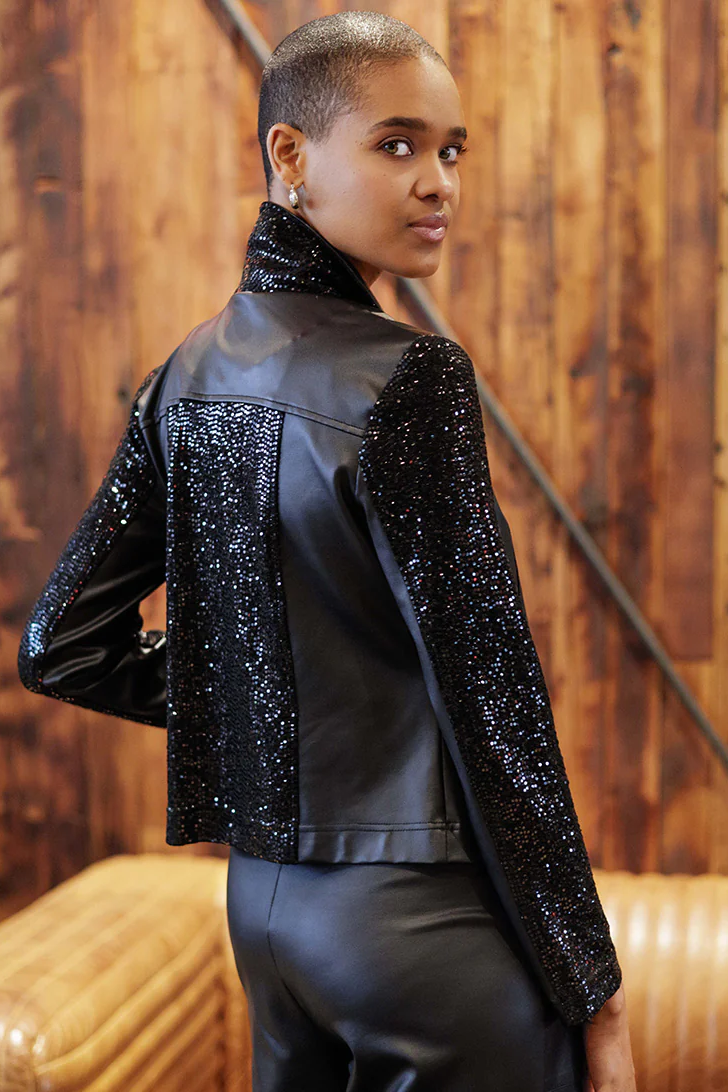 Black Shimmer + Liquid Leather Zip Jacket W/ Pockests