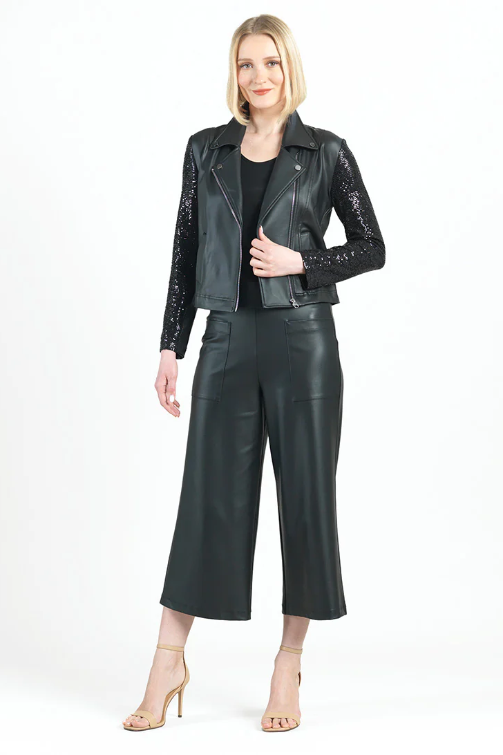 Black Shimmer + Liquid Leather Zip Jacket W/ Pockests