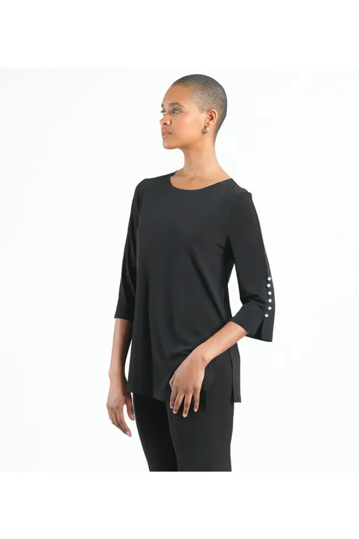 Soft Knit Scoop Neck Angled Tunic W/ Pearl Cuff Detail