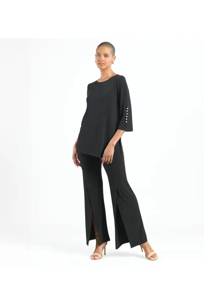 Soft Knit Scoop Neck Angled Tunic W/ Pearl Cuff Detail