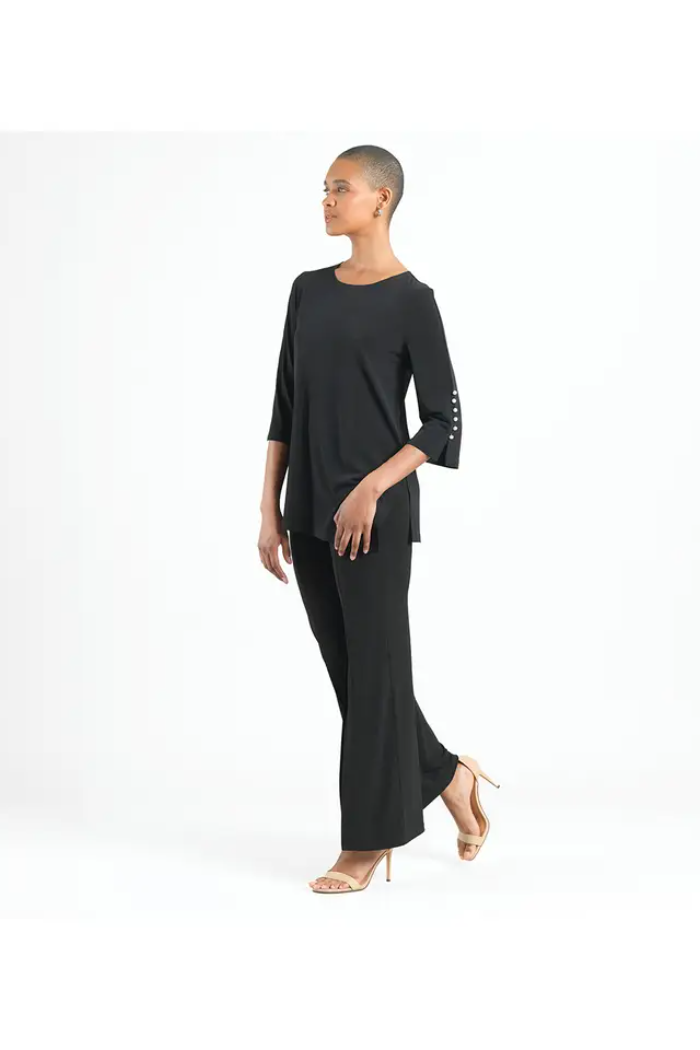 Soft Knit Scoop Neck Angled Tunic W/ Pearl Cuff Detail