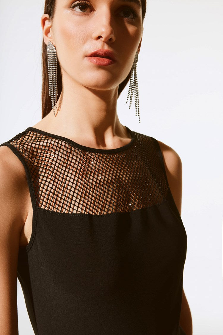 Silky knit and rhinestone mesh top