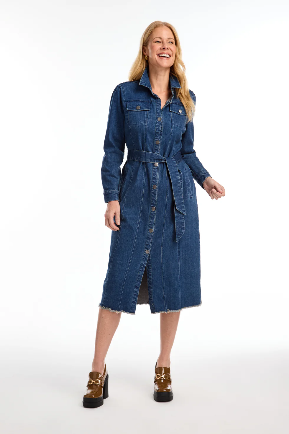 Midi Denim Dress with Belt