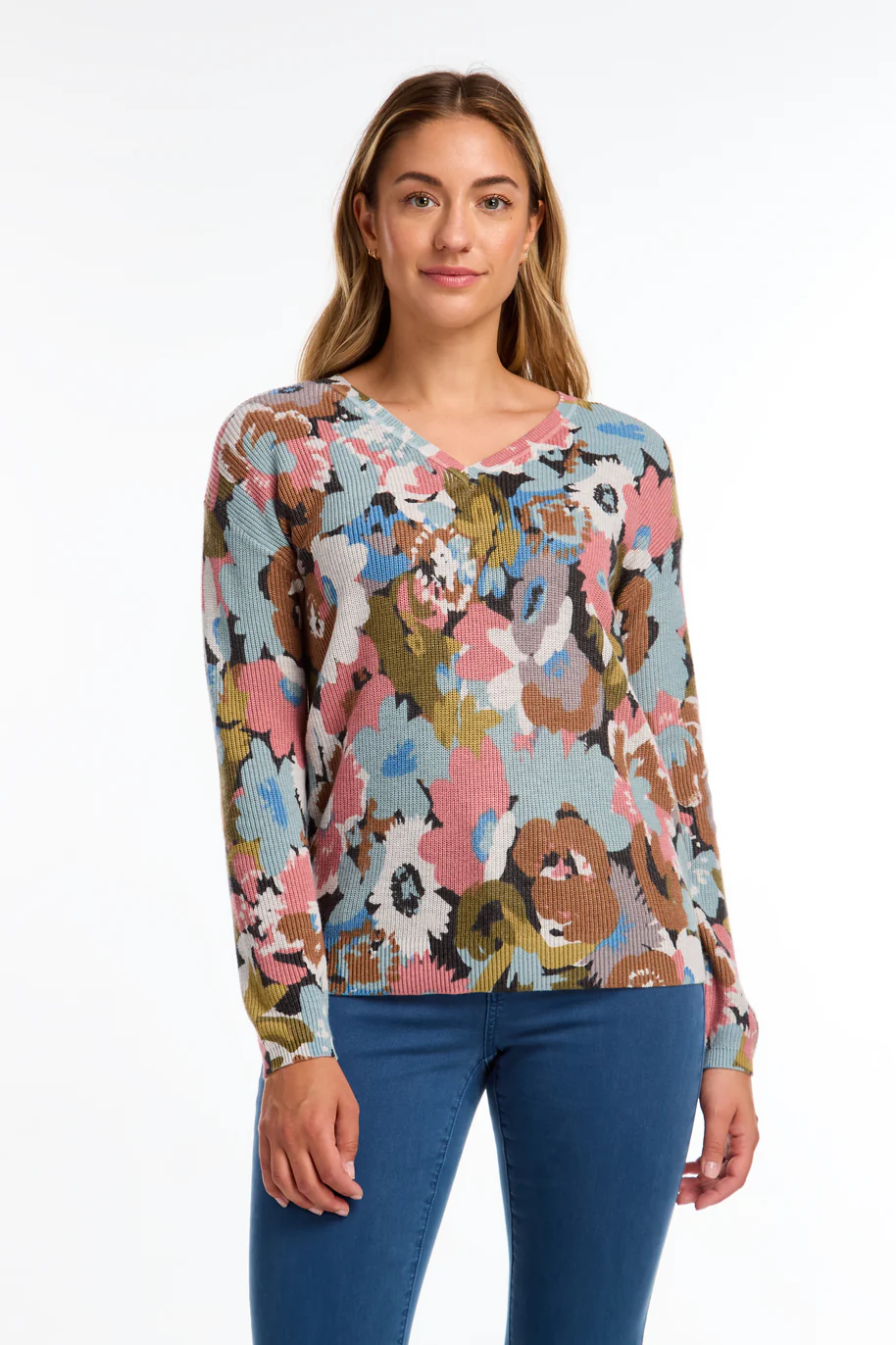 V Neck Floral Knit Sweater