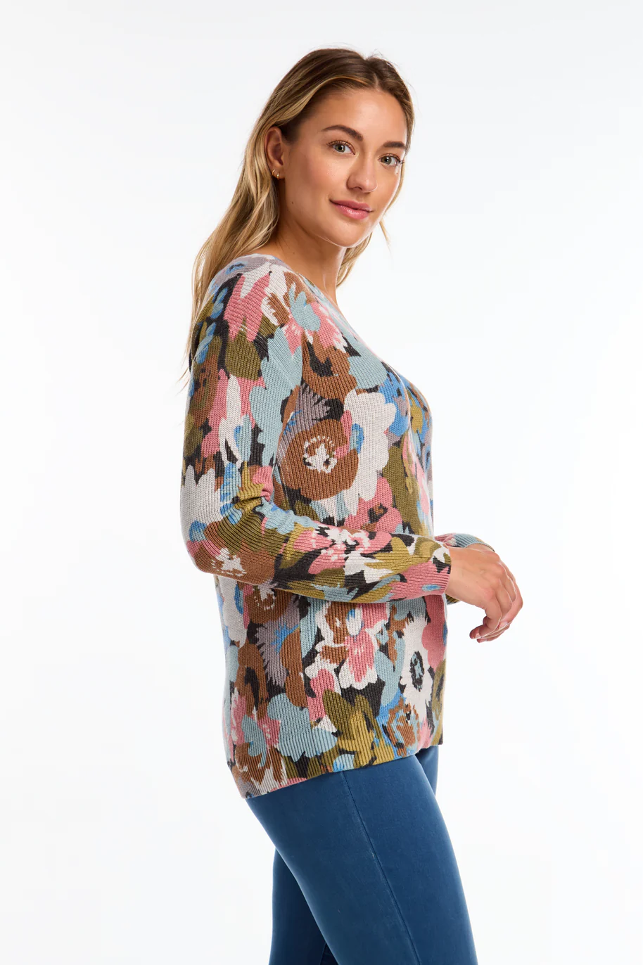 V Neck Floral Knit Sweater