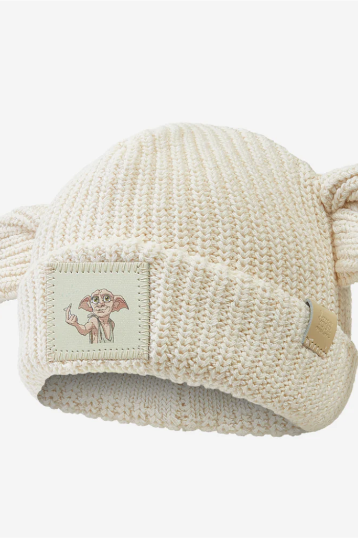 White Dobby Cuffed Beanie With Ears