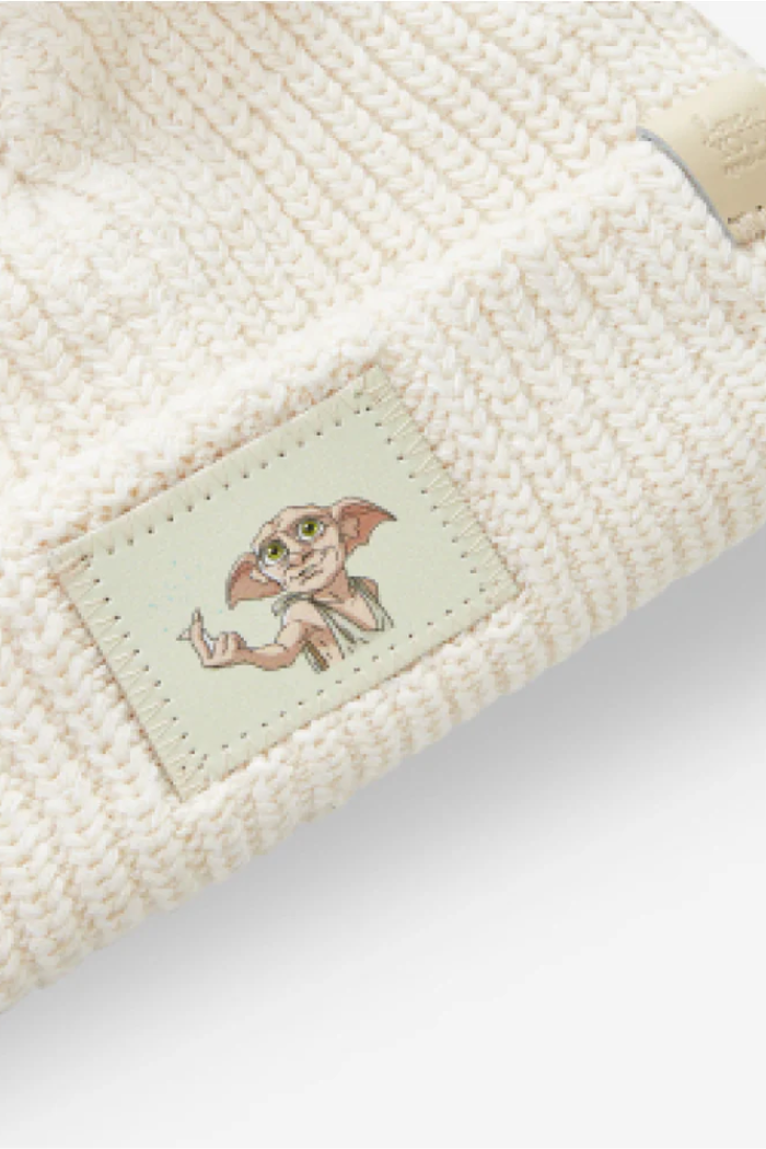 White Dobby Cuffed Beanie With Ears