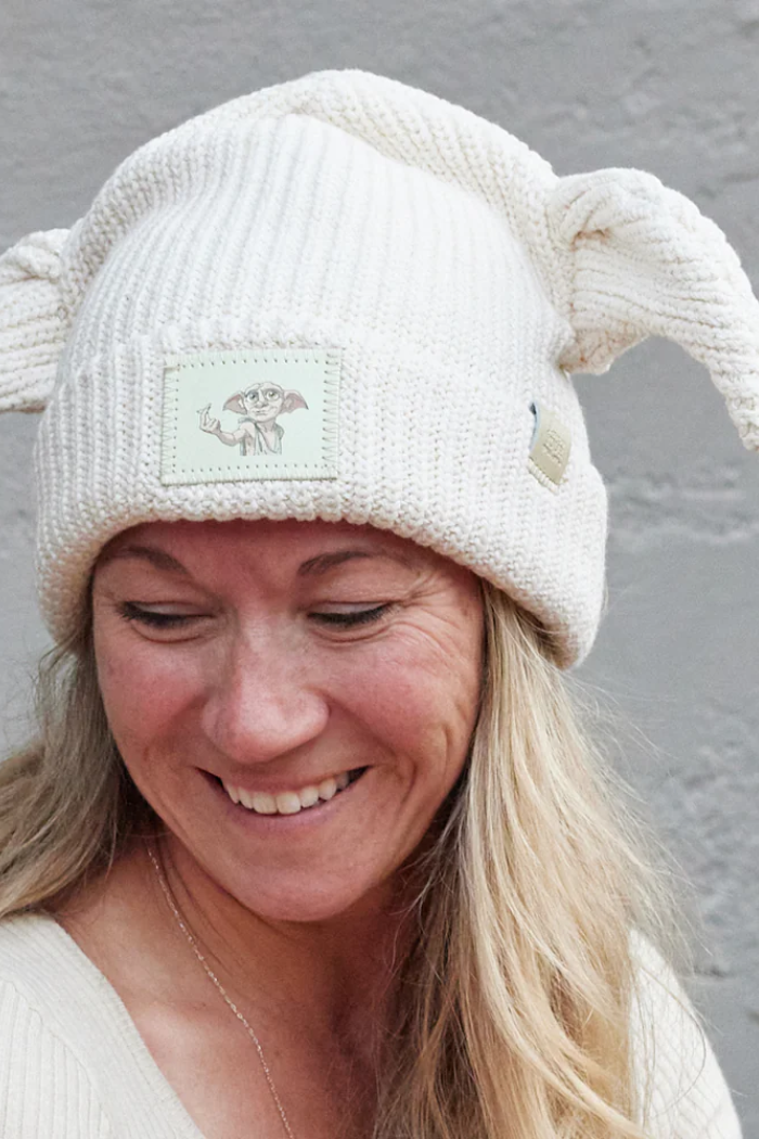 White Dobby Cuffed Beanie With Ears