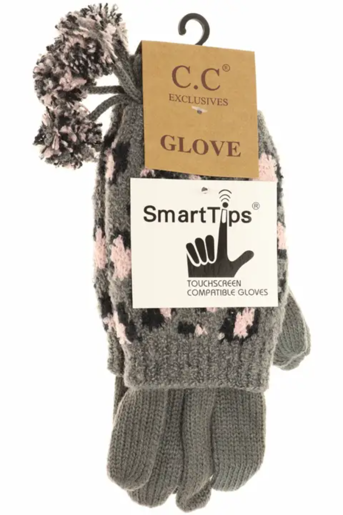 Leopard Print Cuffed Gloves with Pom