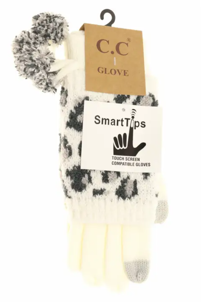 Leopard Print Cuffed Gloves with Pom