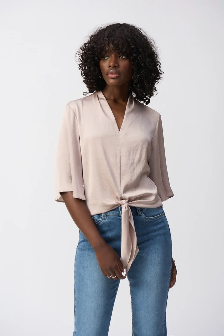 Satin V neck Top with Front Tie