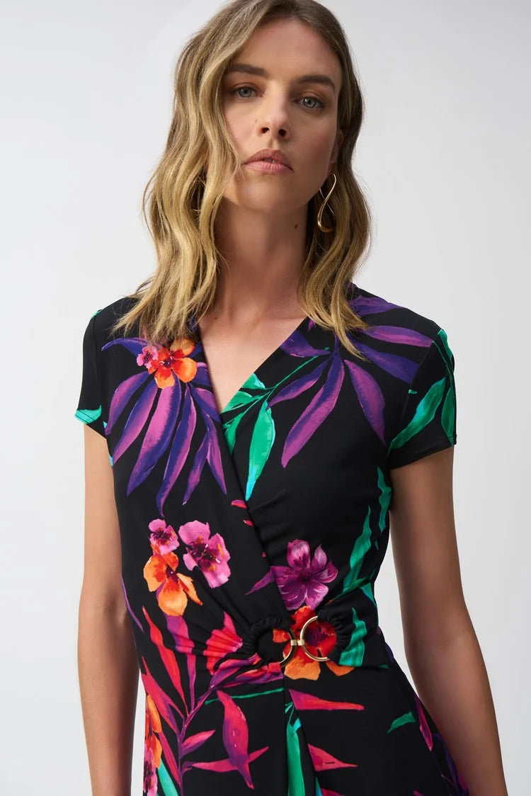 Silky Knit Tropical Print Wrap Dress