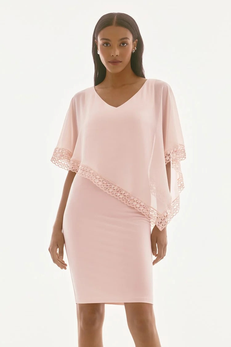 Silky Knit and Chiffon Poncho Sheath Dress