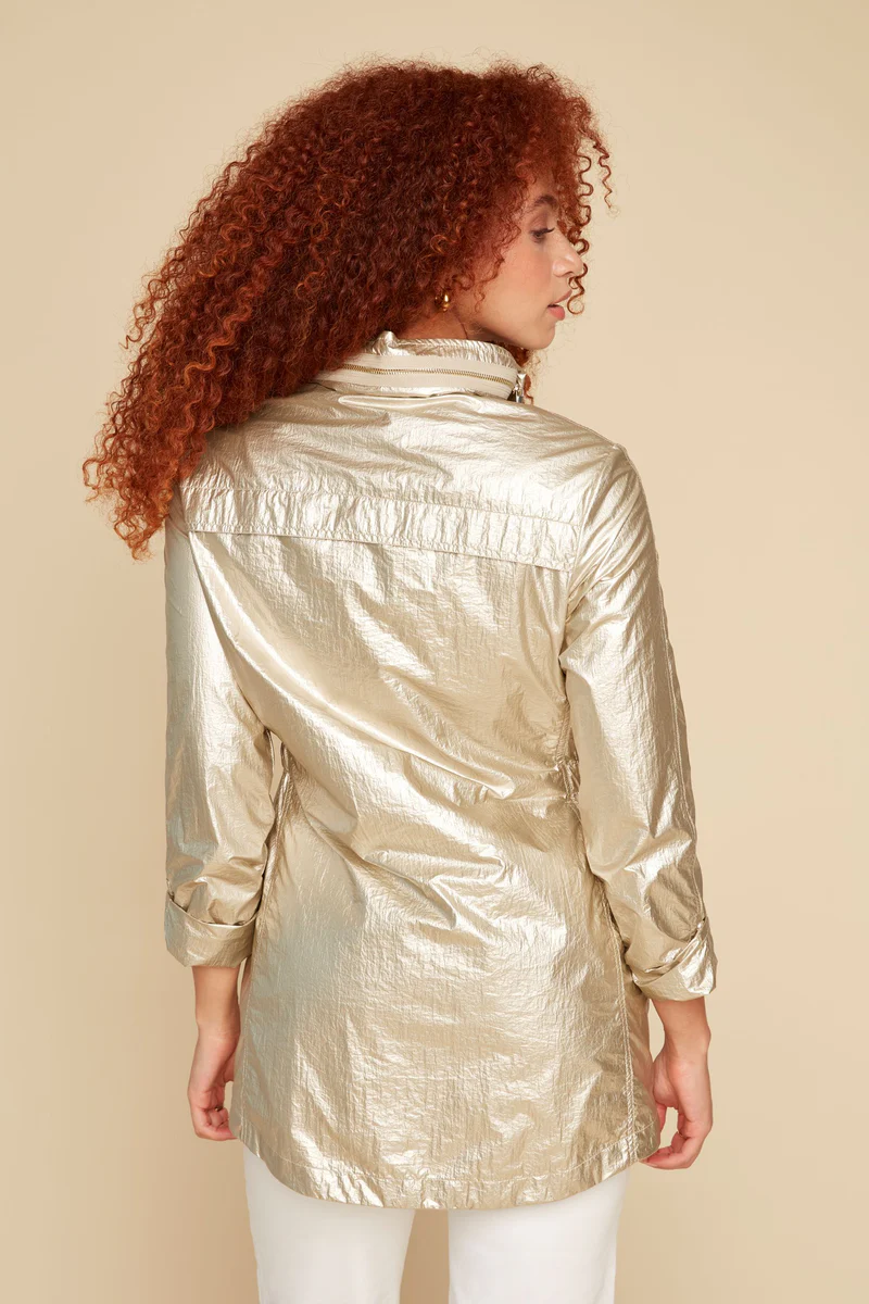 Crinkeled Metallic Long Sleeved Hooded Jacket