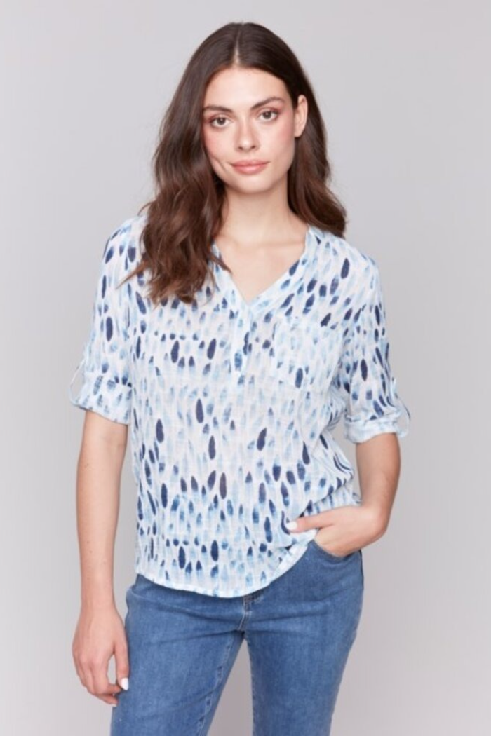 Cotton Gauze Blouse with Roll Up Sleeves