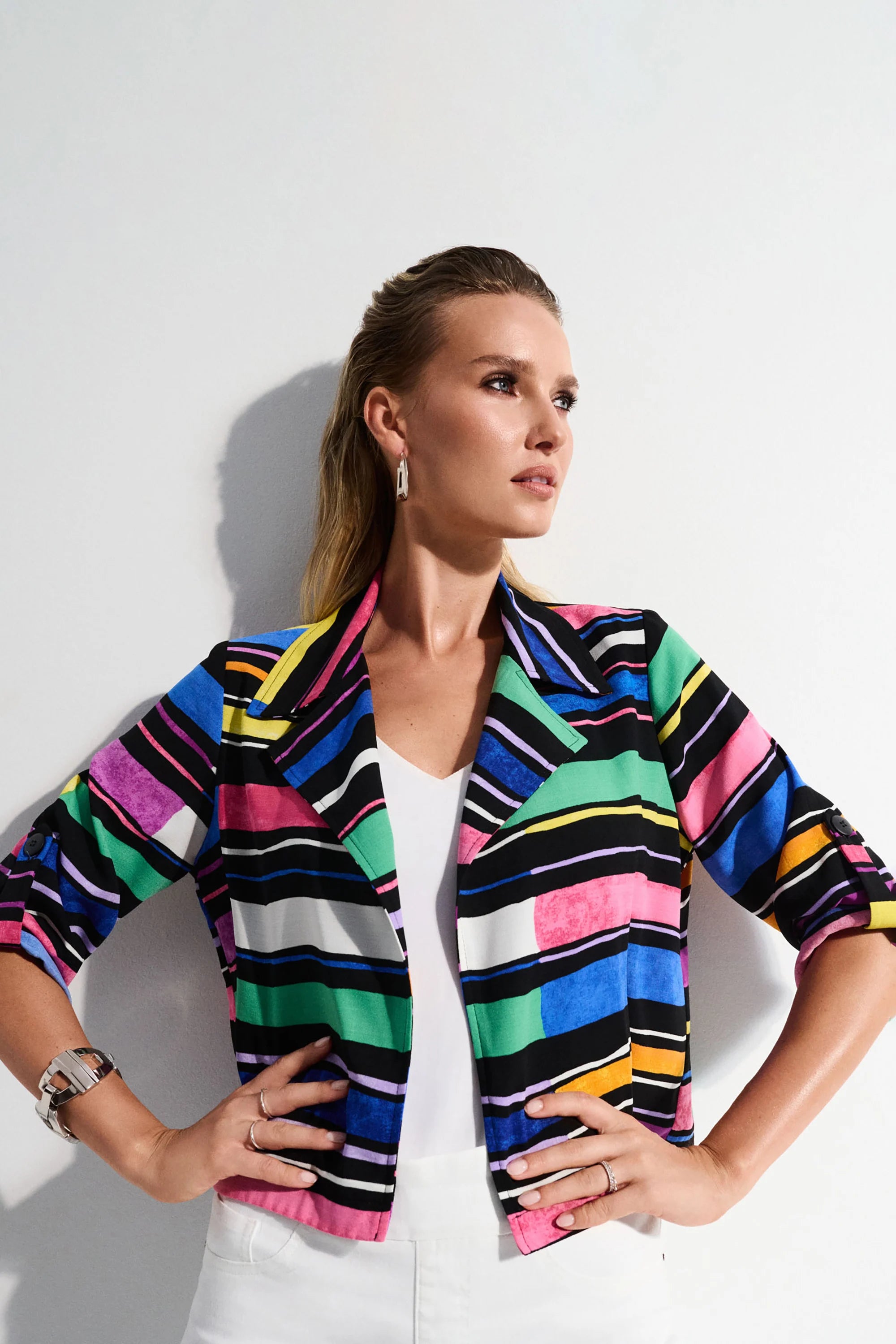 Gauze Stripe Print Short Boxy Blazer